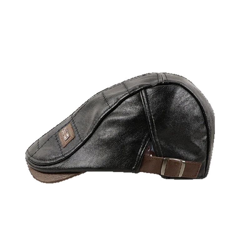 (image for) Collrown Vintage Berets Mens PU Leather Beret Hats Autumn Winter Adjustable Hats Men's Visor Warm Flat Peaked Cap Cabbie Hunting Thicken Hat
