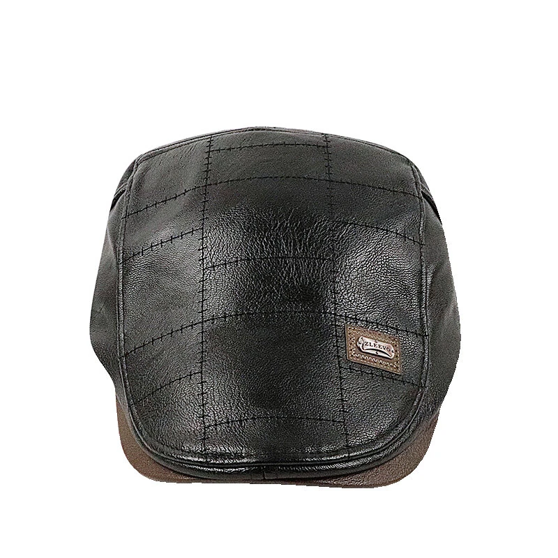 (image for) Collrown Vintage Berets Mens PU Leather Beret Hats Autumn Winter Adjustable Hats Men's Visor Warm Flat Peaked Cap Cabbie Hunting Thicken Hat
